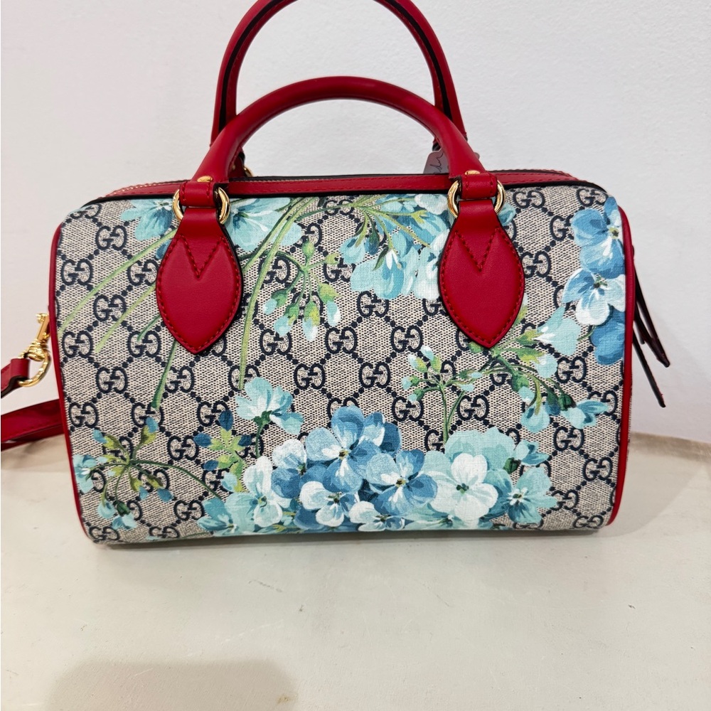Gucci Blooms Blue And Red Canvas Boston Satchel NEW